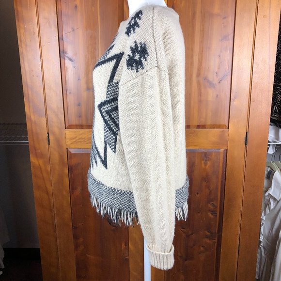 Press Cream & Black Cozy Boho Aztec Wool Blend Crew Neck Fringed Sweater Western - Picture 4 of 13